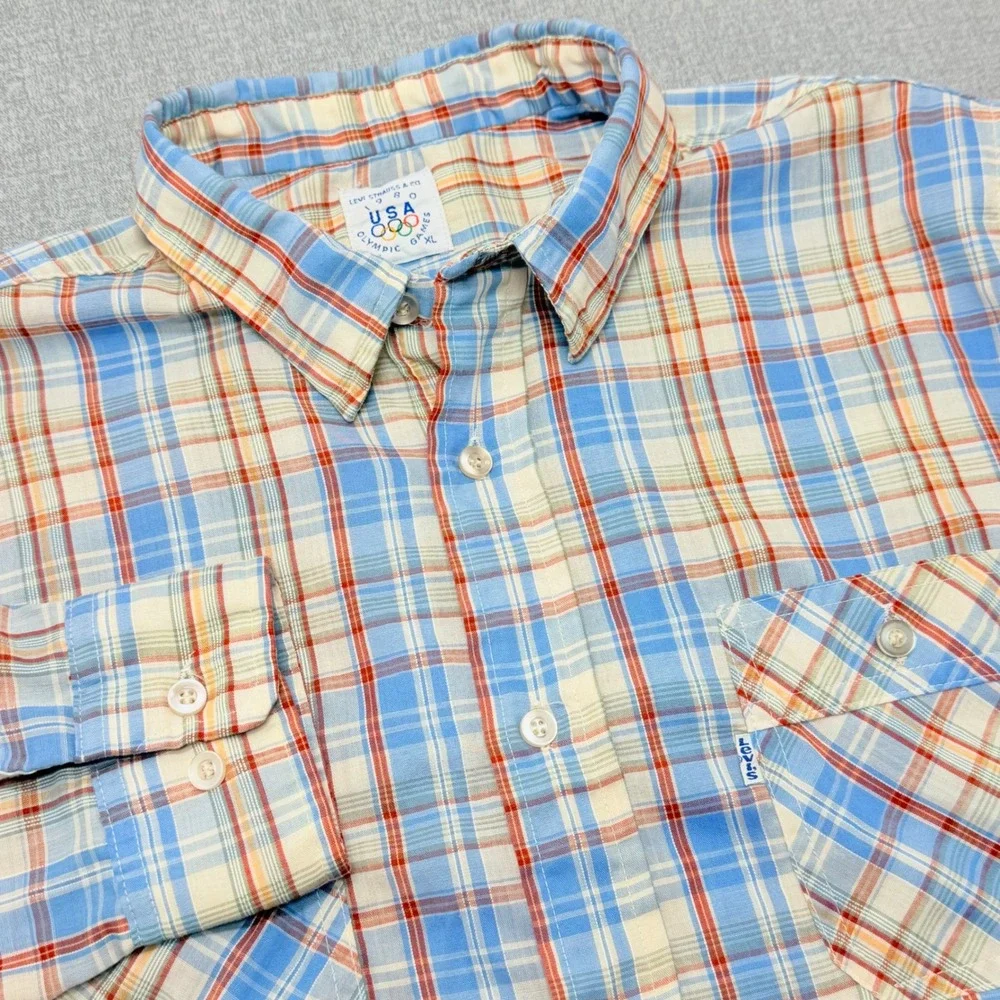 Vintage Levis 1980 USA Olympic Games Plaid Button Down Shirt Mens XL Blue Orange